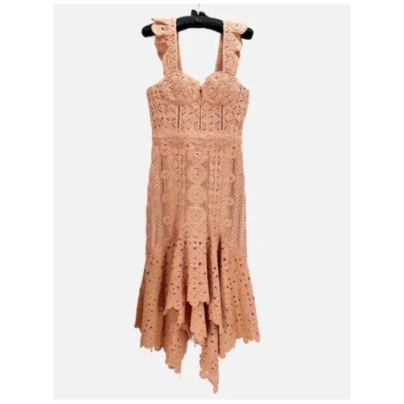 JONATHAN SIMKHAI Cotton-Macramé Lace Handkerchief-Hem Coral-Peach Dress 4 - Picture 3 of 11